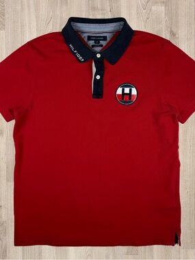 Men’s Tommy Hilfiger Red Navy Polo Shirt Slim Fit Size Large